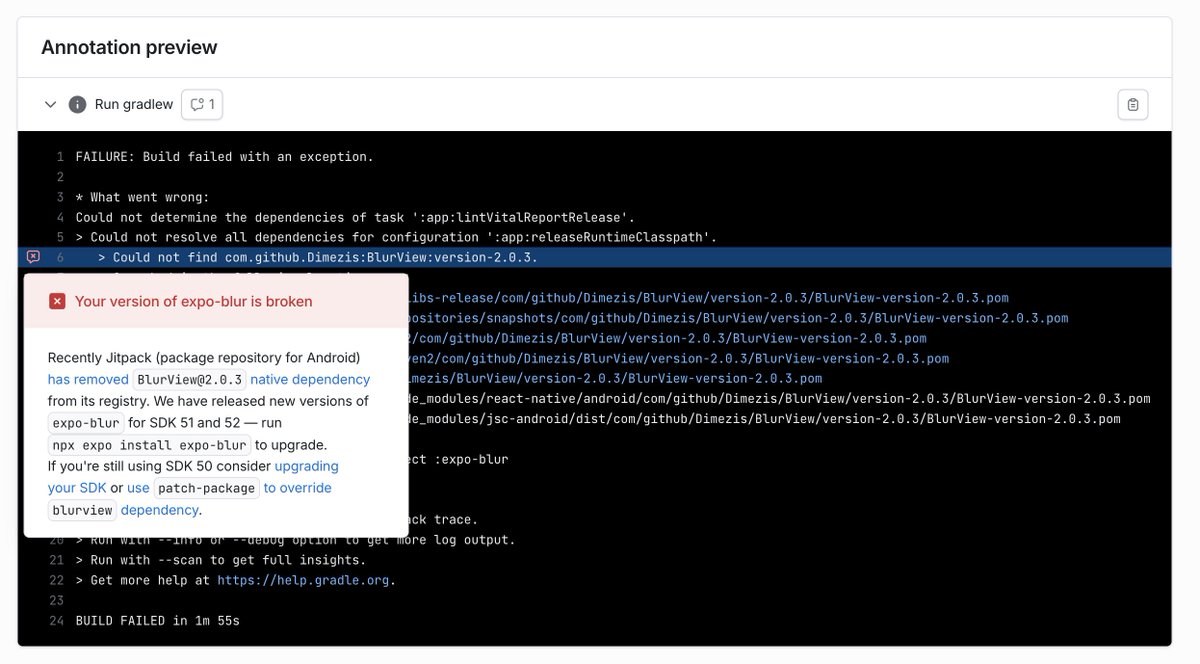 expo_devlog's tweet image. Build annotations now have a severity rating
If you spot one in red, don't ignore it - it may be pointing out the reason behind the latest build error