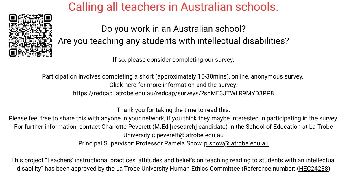 Charlotte Peverett (she/her) 💉💉🦠 💉💉🦠💉 (@lifeoflottie) on Twitter photo This is the last week to contribute to this important and Australian first survey: understanding instructional practices that support students with an ID to read.
redcap.latrobe.edu.au/redcap/surveys…
Please feel free to share this survey with your networks.
<a href="/PamelaSnow2/">Pamela Snow</a> <a href="/tserry2504/">Tanya Anne Serry PhD</a> This is the last week to contribute to this important and Australian first survey: understanding instructional practices that support students with an ID to read.
redcap.latrobe.edu.au/redcap/surveys…
Please feel free to share this survey with your networks.
<a href="/PamelaSnow2/">Pamela Snow</a> <a href="/tserry2504/">Tanya Anne Serry PhD</a>