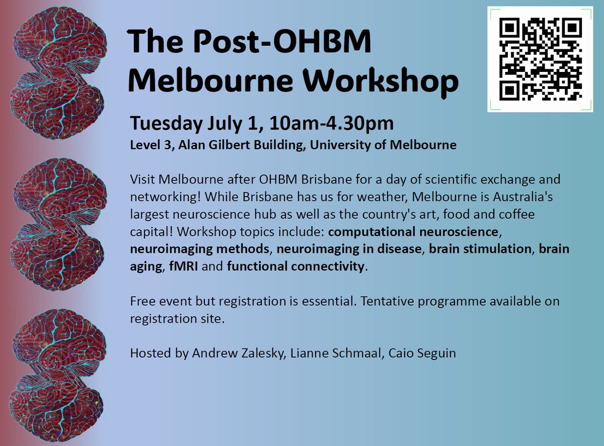 OHBM comes to Melbourne tmrw (Tuesday)! 

Looking fwd to hosting the Post-OHBM Workshop at Unimelb with <a href="/lianne_schmaal/">Lianne Schmaal</a> and welcoming our international visitors to Melbourne 

We are at room capacity and can't take more registrations. Registrations now CLOSED. 
<a href="/OHBM/">OHBM</a> #OHBM2025