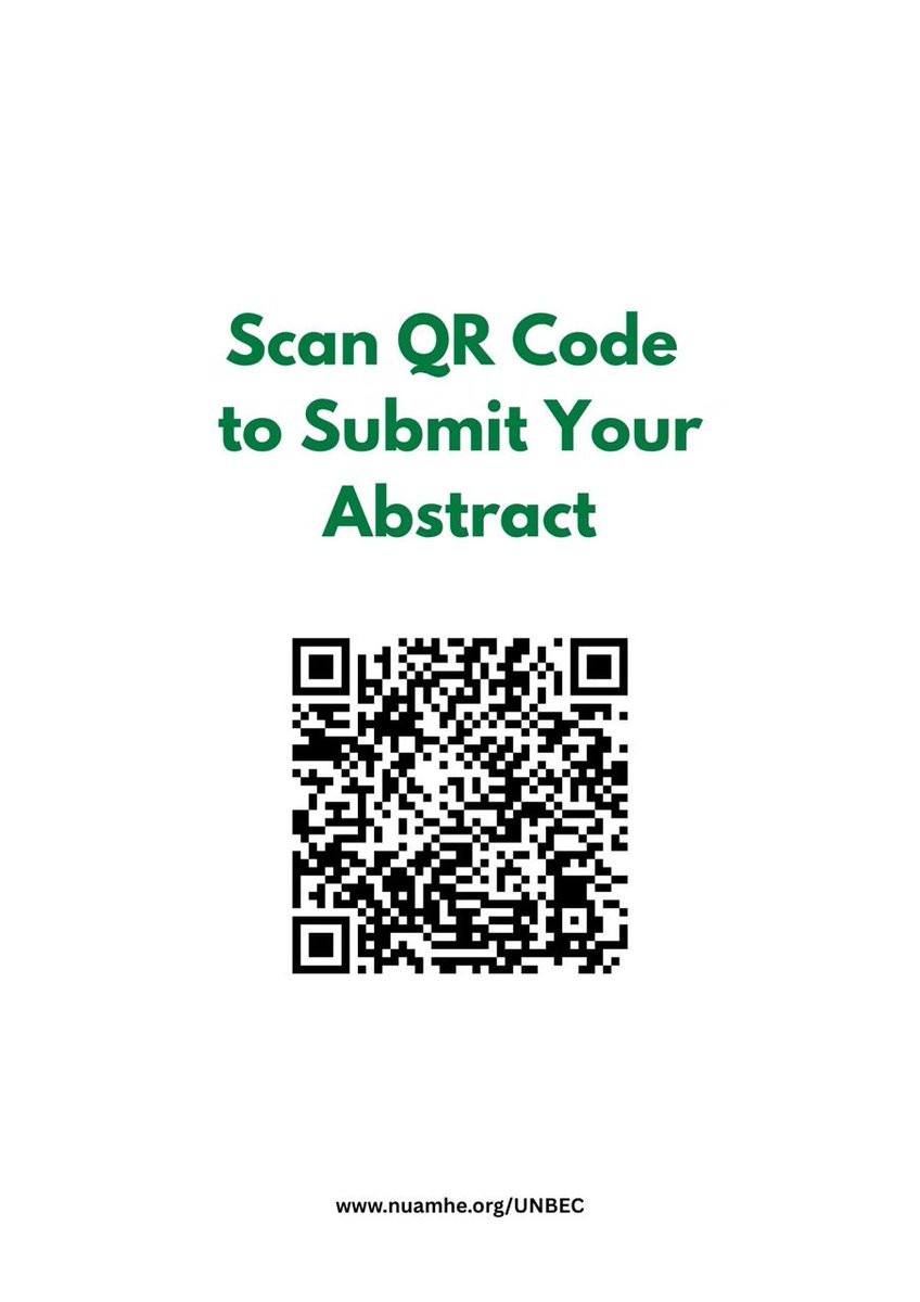 UNBEC (@unbec2025) on Twitter photo UNBEC is calling all researchers, scientists, and professionals in the field. Don't miss this opportunity to submit your abstract and showcase your work. Simply scan the code or visit our website info@unamhe.or.ug to submit your abstract. UNBEC is calling all researchers, scientists, and professionals in the field. Don't miss this opportunity to submit your abstract and showcase your work. Simply scan the code or visit our website info@unamhe.or.ug to submit your abstract.