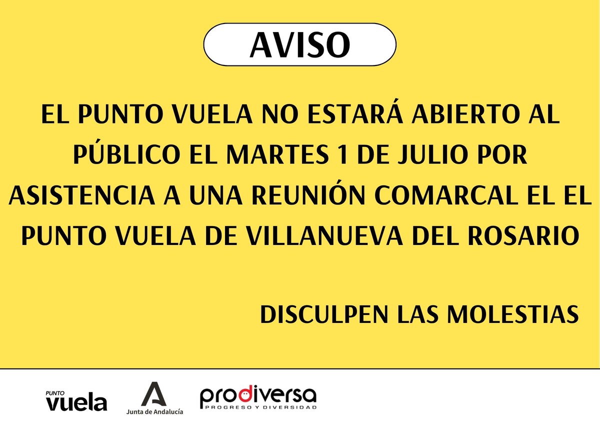 Punto Vuela PalmaPalmilla (@pvpalmapalmilla) on Twitter photo Mañana martes 1 de julio el Punto Vuela no estará abierto al público por asistencia a una reunión comarcal en el <a href="/PVuelaVRosario/">Punto Vuela Villanueva del Rosario</a> ¡Disculpen las molestias! <a href="/PuntosVuela/">Puntos Vuela</a> <a href="/Manuel_DT/">Manuel Rodríguez</a> <a href="/Prodiversa/">PRODIVERSA</a> Mañana martes 1 de julio el Punto Vuela no estará abierto al público por asistencia a una reunión comarcal en el <a href="/PVuelaVRosario/">Punto Vuela Villanueva del Rosario</a> ¡Disculpen las molestias! <a href="/PuntosVuela/">Puntos Vuela</a> <a href="/Manuel_DT/">Manuel Rodríguez</a> <a href="/Prodiversa/">PRODIVERSA</a>