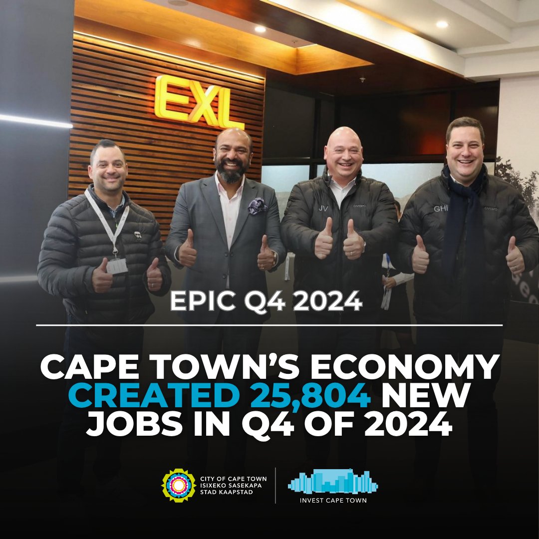 Despite global challenges, Cape Town added 25,804 new jobs in Q4 2024!

Top sectors:

- Transport (+22,864)
- Finance &amp; Business (+18,851)
- Services (+14,311)

A resilient city, rich in opportunity.

#InvestCapeTown #Jobs #EconomicGrowth #EPIC2024