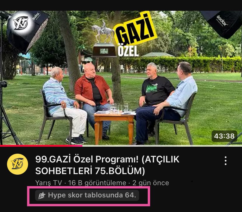 Gazi Özel yayınımız “YouTube Hype Skor” ilk 100 listesine (64) girmeyi başararak spor kategorisinde ilk 5’te yer aldı.

Bizler gibi tematik kanallar için izlenme sayısından ziyade içerik kalitesi asıl hedeflenen husustur.

Vermiş olduğunuz destek için hepinize teşekkür ediyoruz.