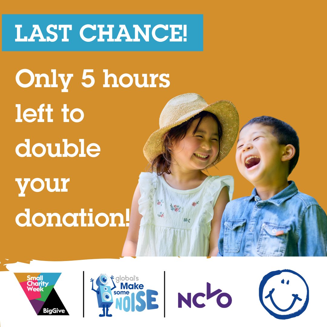 Blue Smile (@bluesmilecam) on Twitter photo Last chance!
Only 5 hours left to make double the difference. Donate before 5pm today and your gift will be doubled: donate.biggive.org/campaign/a05WS…
A huge thank you to everyone who has donated so far- together, we've raised nearly ÂŁ4000!
<a href="/BigGive/">Big Give</a> <a href="/makenoise/">Global's Make Some Noise</a> <a href="/NCVO/">NCVO</a>
#SmallCharityWeek Last chance!
Only 5 hours left to make double the difference. Donate before 5pm today and your gift will be doubled: donate.biggive.org/campaign/a05WS…
A huge thank you to everyone who has donated so far- together, we've raised nearly ÂŁ4000!
<a href="/BigGive/">Big Give</a> <a href="/makenoise/">Global's Make Some Noise</a> <a href="/NCVO/">NCVO</a>
#SmallCharityWeek