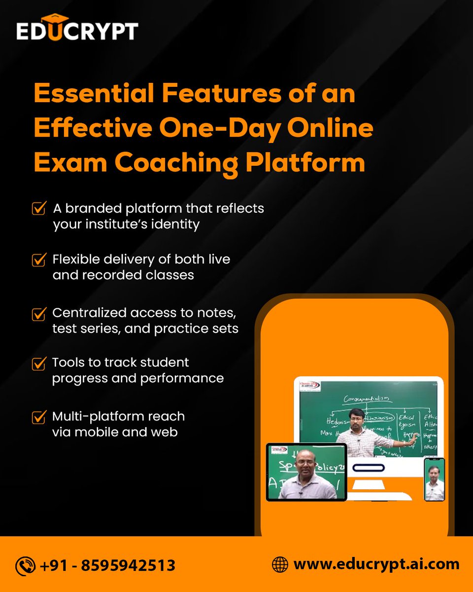 educrypt_ai's tweet image. Build a complete one-day exam coaching experience online.
Deliver live classes, test series, and study materials-all under your own brand with EduCrypt.

#educrypt #onlinecoaching #onedayexamprep #LMSplatform #digitalteachingtools #EdTechIndia #CoachingSolutions #LiveClasses