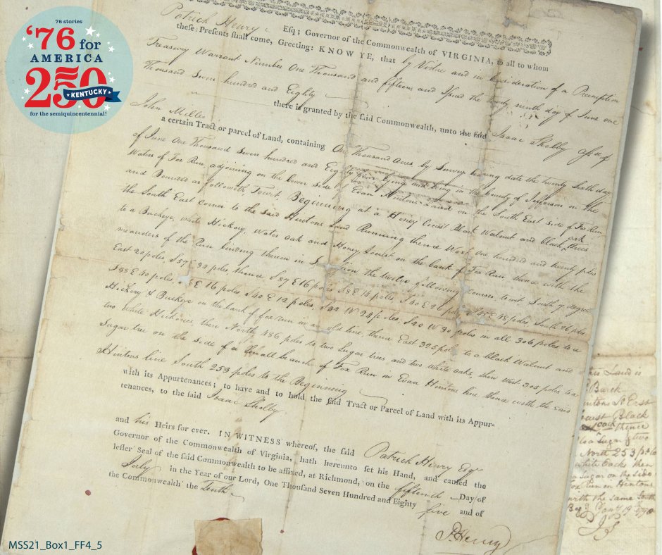 240 years ago, Isaac Shelby granted 1K acres of would be KY from the governor of VA. 
Shelby, famed for helping Lord Dunmore’s War and American Revolution, was delegate for KY constitutional conventions, and elected 1st governor. 

#76for250 <a href="/America250/">America250</a> <a href="/VARevolution250/">Virginia American Revolution 250 Commemoration</a>