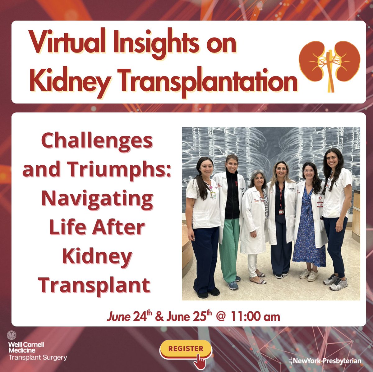 Get ready for one of our most popular ‘Virtual Insights on Kidney Transplantation’ webinars on Life Post Transplant, with guests from our post-transplant team. Please sign up weillcornell.org/services/kidne…