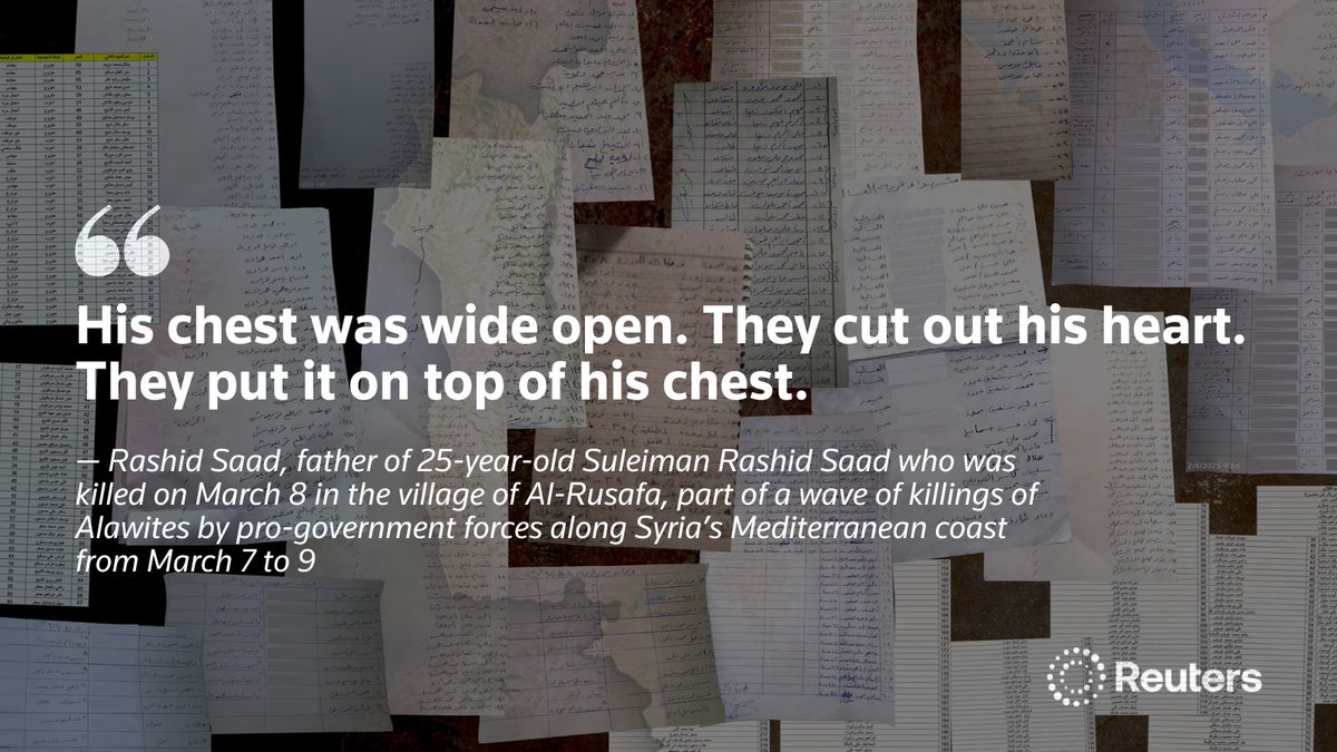 A young man’s heart was sliced out and placed on his body. His death was part of a wave of killings of Alawites by government forces along Syria’s coast from March 7-9, in response to a rebellion by ex-officers loyal to ousted President Bashar al-Assad reut.rs/44rr1Tc