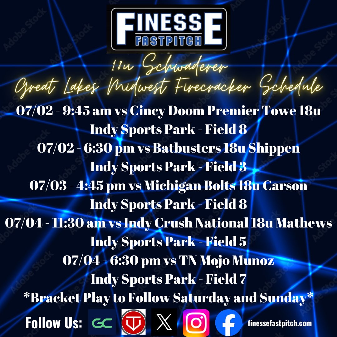 Next stop takes us to Indianapolis for the Midwest Firecracker. Hoping for good weather and great softball! We hope to see you there.