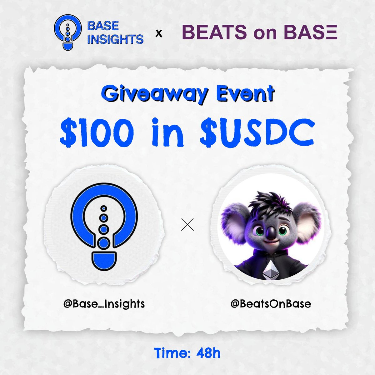 Base Insights (@base_insights) on Twitter photo 🔊GIVEAWAY EVENT 🤝
🎁 Prize pool for 5 winners
$100 in $USDC
✔️ To Enter:
1️⃣ Follow <a href="/Base_Insights/">Base Insights</a> x <a href="/BeatsOnBase/">Beats the Koala</a>
2️⃣ ❤️ and Repost
3️⃣ Tag 3 friends
⏰ 48h
$BEATS 🔊GIVEAWAY EVENT 🤝
🎁 Prize pool for 5 winners
$100 in $USDC
✔️ To Enter:
1️⃣ Follow <a href="/Base_Insights/">Base Insights</a> x <a href="/BeatsOnBase/">Beats the Koala</a>
2️⃣ ❤️ and Repost
3️⃣ Tag 3 friends
⏰ 48h
$BEATS