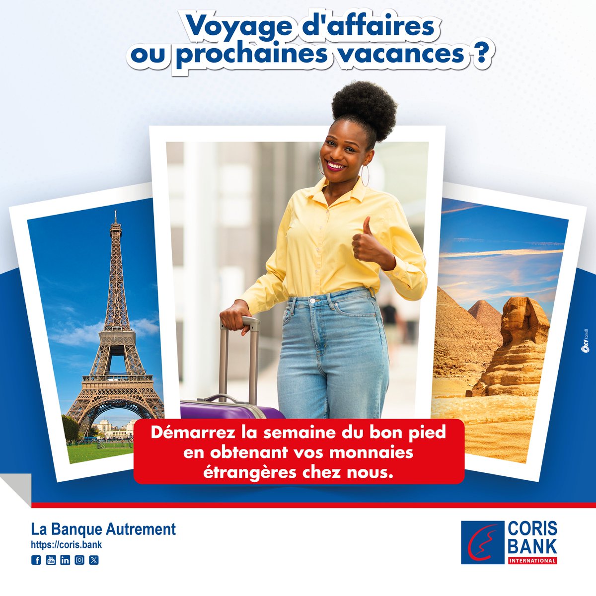 CorisBankTchad's tweet photo. Vos projets de voyage prennent forme ?  
Pour vos affaires ou vos rêves d'évasion, procurez-vous vos monnaies étrangères chez nous dès ce début de semaine.

#CBI #LaBanqueAutrement #BonneSemaine #Change https://t.co/GkBpvSqa7T