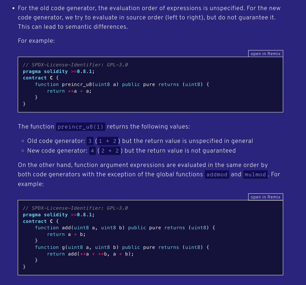 Another beauty, very intuitive, thank you Solidity

- "we didn't guarantee evaluation order and still don't but thought you should know"
- "but it should be left to right"
- "except for some random exceptions"