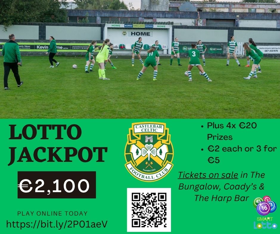 🎉 Castlebar Celtic Lotto – Draw Tonight! 🎉
💰 Jackpot: €2,100 💰
PLUS 4 x €20 Cash Prizes!

🎟️ Tickets only €2 – scan the QR code or click on bit.ly/2P01aeV to play!
Support your club &amp; be in with a chance to win big tonight! 🍀

#CastlebarCeltic #Lotto