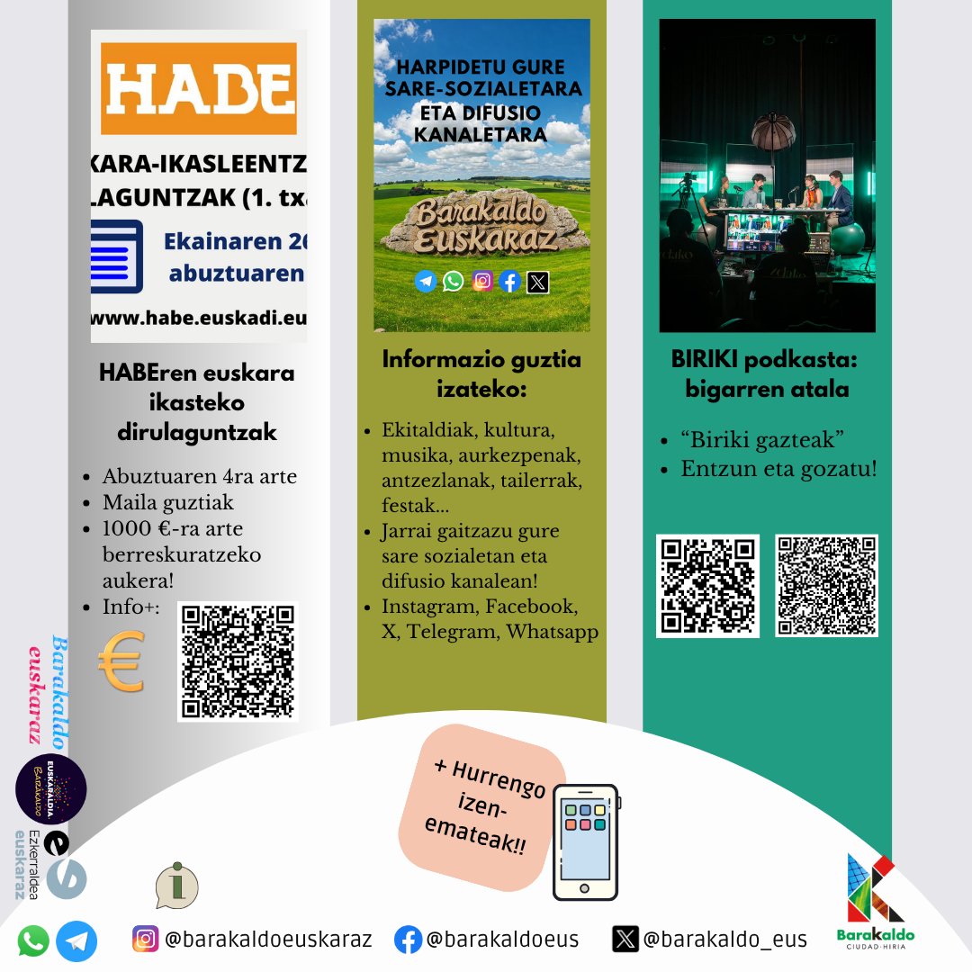 Adi, lagunok! 📣📢🔈
Prest dago aste honetako #KulturAgenda! 📖📚📓
#GazteEguna, #HABErenDirulaguntzak... Irakurri patxadaz eta ez galdu ezer!!! 👏👏😍🥳
#BarakaldoEuskaraz #AgendaBarakaldo #AisialdiaEuskaraz #Euskara #Kultura #FamilianEuskaraz #Planak #Irteerak #Barakaldo