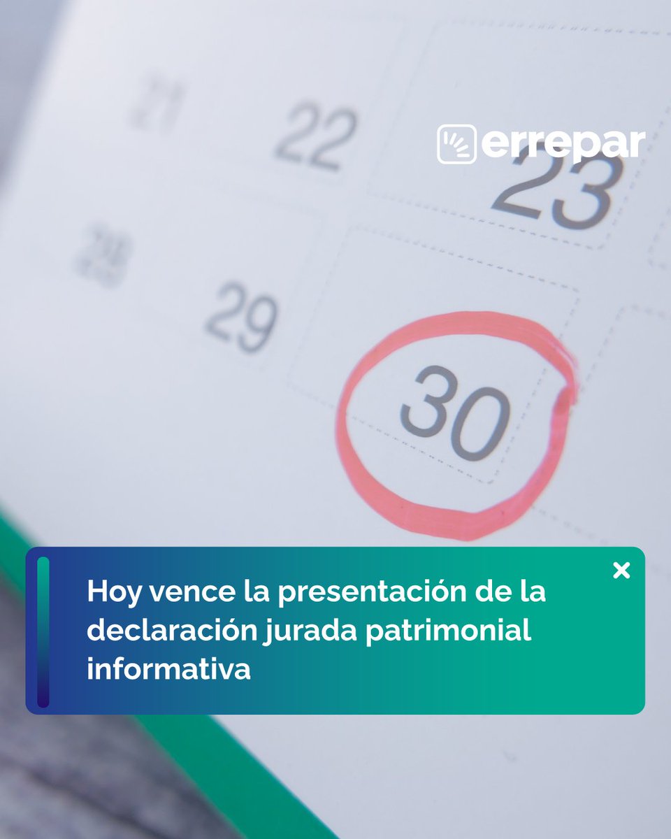 🗓️ Hoy, lunes 30 de junio, se deberá realizar la presentación de la DDJJ patrimonial informativa del período fiscal 2024. 

💰 Aplica sólo a sujetos con ingresos iguales o superiores a $150.000.000 y que no estén adheridos al REIBP. 

Más info 👇
documento.errepar.com/actualidad/hoy…