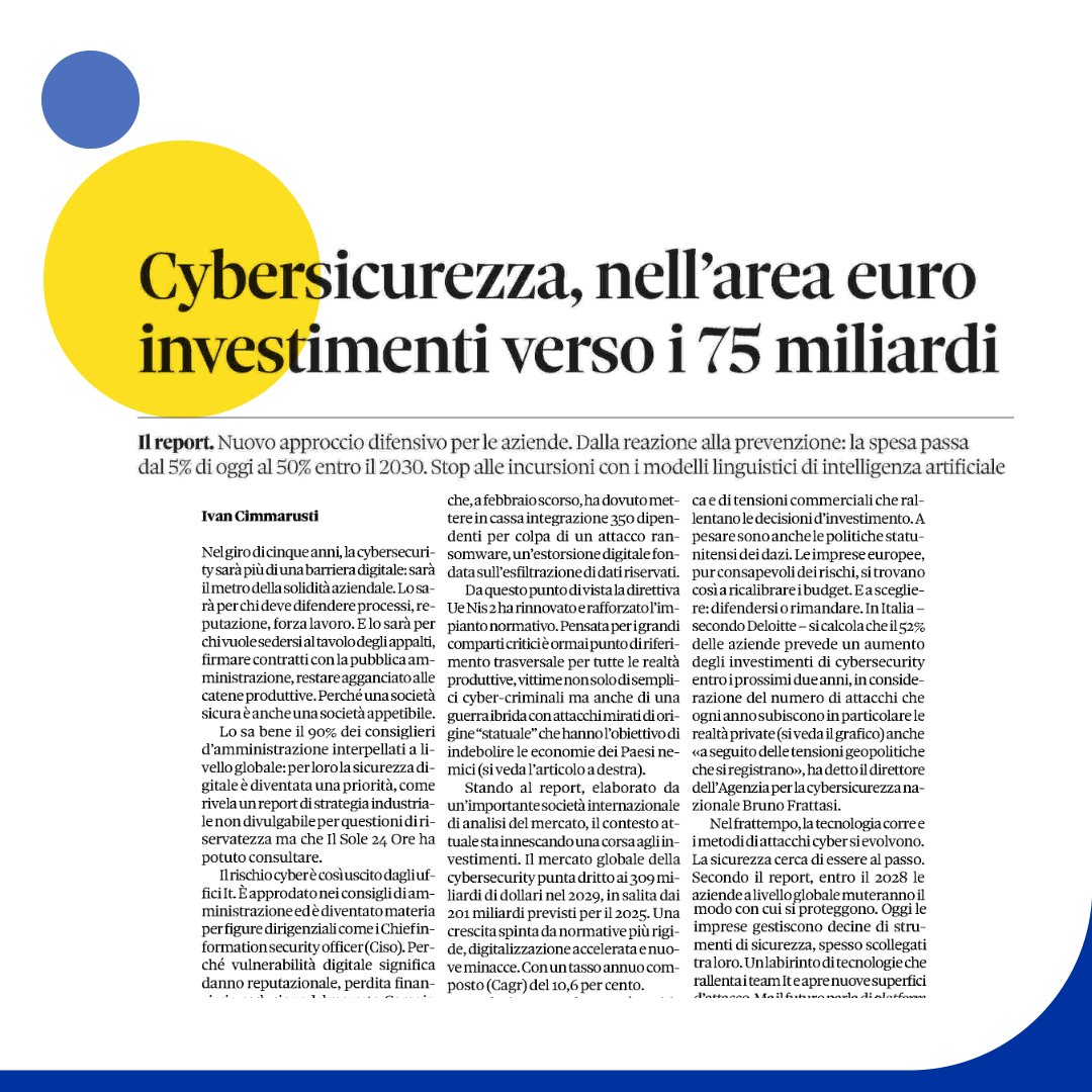 Mutano le strategie difensive in materia di cybersicurezza. 
📰"Cybersicurezza, nell'area euro investimenti verso i 75 miliardi" su <a href="/sole24ore/">IlSole24ORE</a> 

#cybersecurity <a href="/csirt_it/">CSIRT Italia</a> <a href="/Leonardo_IT/">Leonardo</a> <a href="/SofiaSZM/">Sofia Scozzari Z. Manzoni</a> <a href="/StivaleDigitale/">Stivale Digitale</a> <a href="/darioandriani/">Dario Andriani</a> <a href="/lucarallo/">Luca Rallo</a> <a href="/perugini/">Luca Perugini</a> <a href="/innovalabns/">NicolaSotira</a>