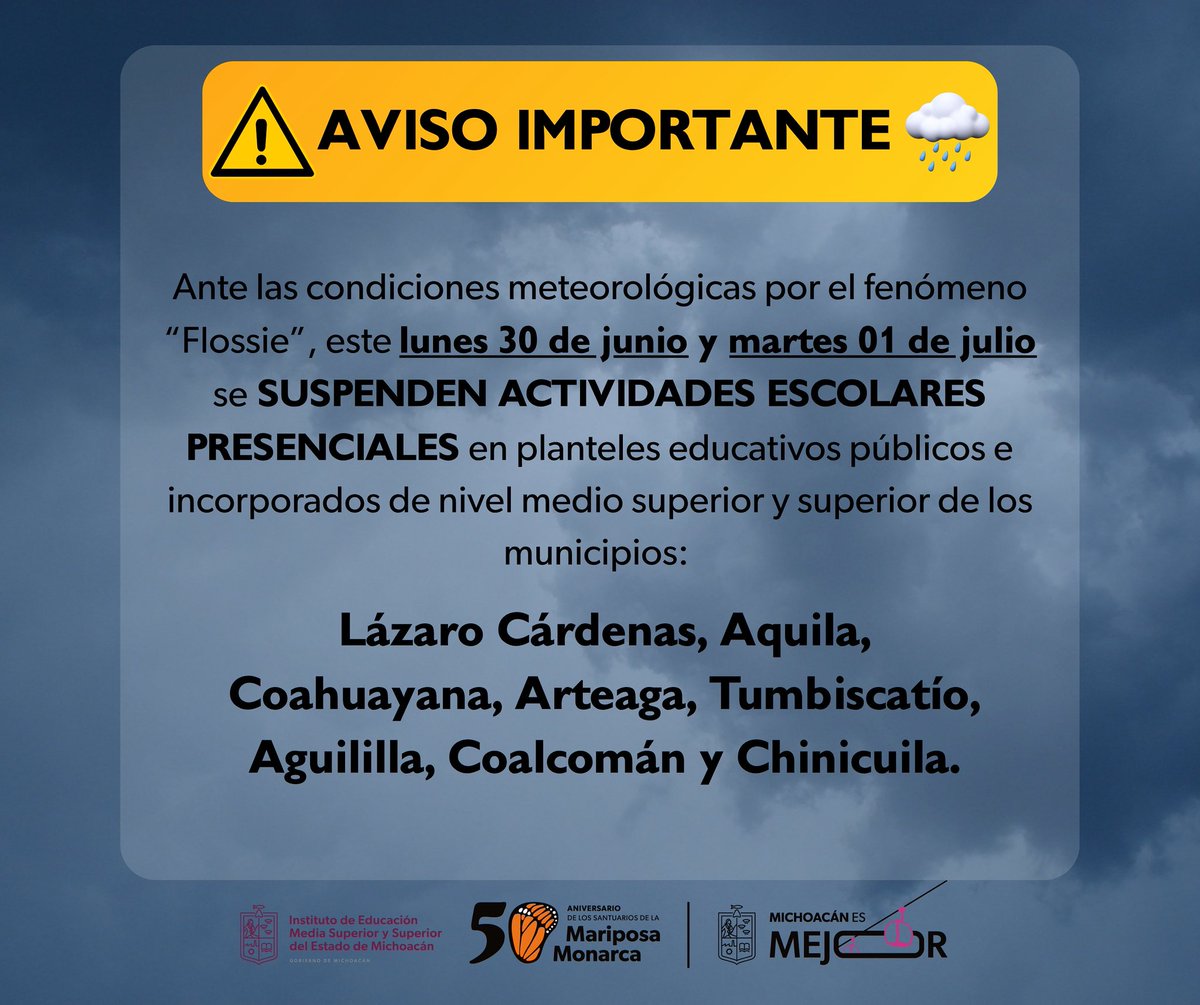 🚨Aviso importante a nuestra comunidad educativa de los niveles medio superior y superior de #Michoacán. 👇🏻 ¡Es momento de atender las indicaciones oficiales! #MichoacánEsMejor #Flossie