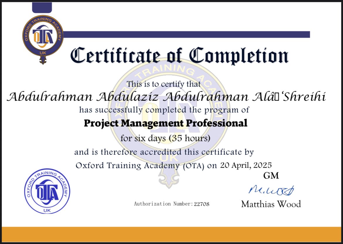الحمد لله ✨
حصلت على شهادة دورة
Project Management Professional (PMP)
من أكاديمية أوكسفورد للتدريب – بريطانيا 🇬🇧

تجربة تدريبية مثرية ومميزة، وخطوة أفتخر بها ضمن رحلتي في مجال إدارة المشاريع 💼

#PMP #إدارة_المشاريع #تطوير_مهني #OxfordTrainingAcademy