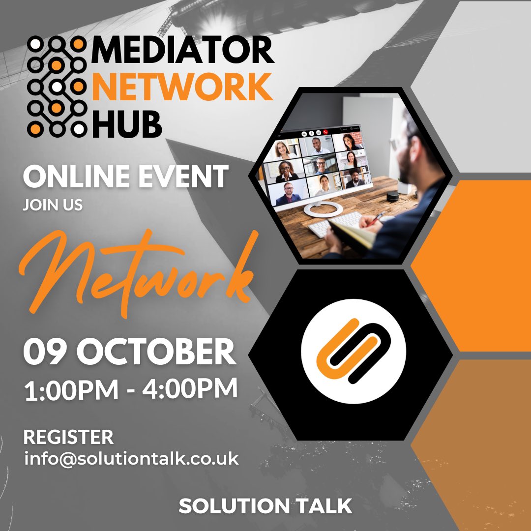 solutiontalkuk's tweet photo. Join us on 9 October for our free online #Mediation Network Event – a friendly and supportive space for #mediators to connect, share experiences, and grow their practice through shared learning

To book your place, email: info@solutiontalk.co.uk

#SolutionTalk #MediatorNetworkHub https://t.co/leHZ61ZnbZ