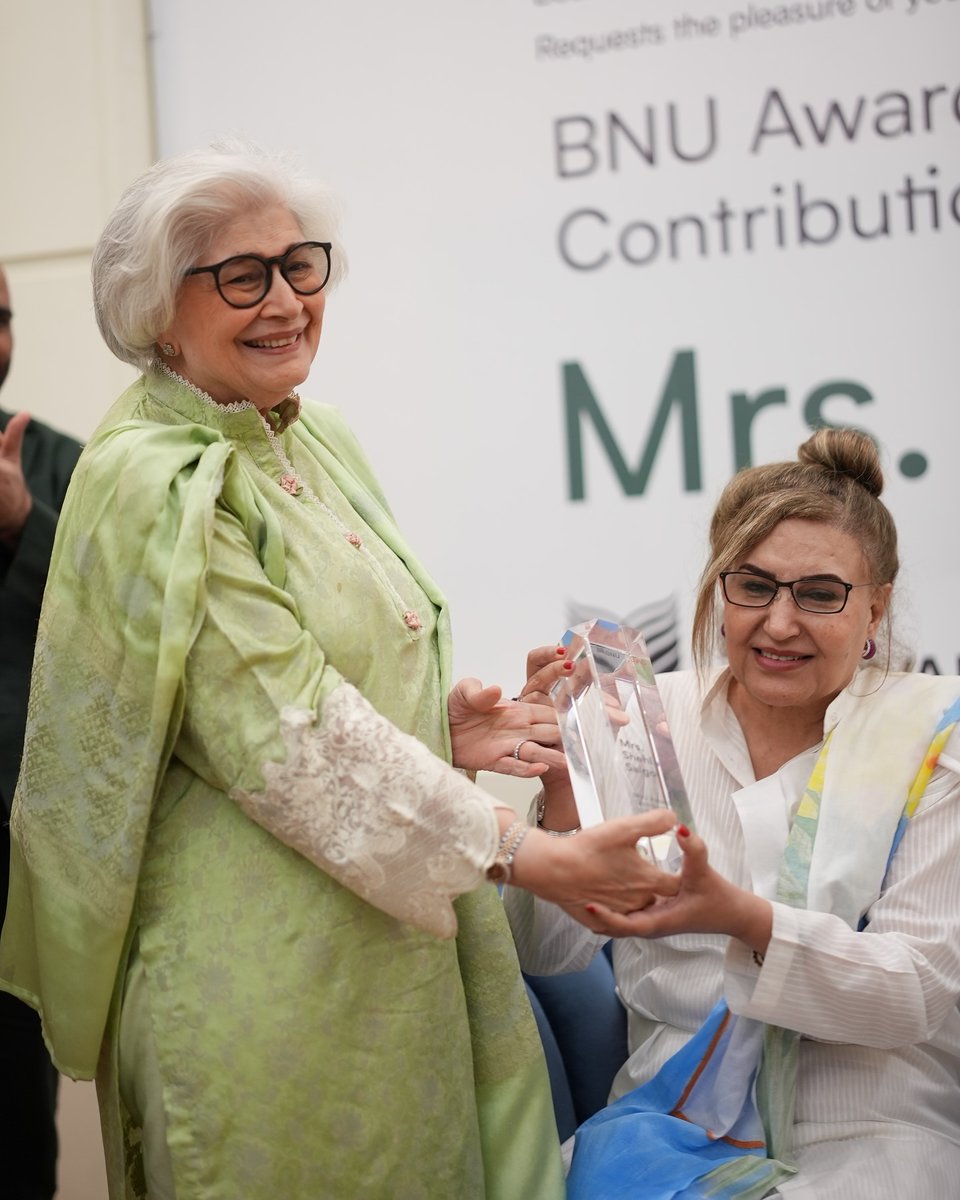 BNU presented the Award for Outstanding Contribution to the Arts 2025 to Mrs. Shehla Saigol, founder of Lahore Art Gallery.

Mrs. Nasreen Mahmud Kasuri, VC Dr. Moeed Yusuf, Prof. Rashid Rana, and others paid tribute to her impactful contributions to the arts in Pakistan.