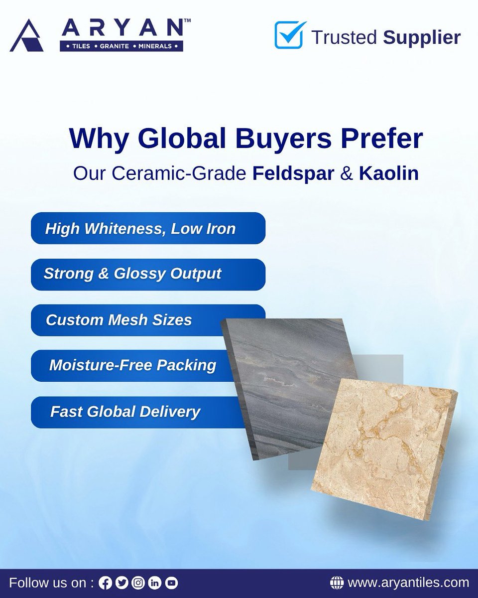 aryan_tiles's tweet image. Power your production with pure minerals.
Feldspar &amp;amp; Kaolin – Export Ready.
📩 Samples available. 
Call Now: +91 6377970211

#ceramicrawmaterials #globalsupply #kaolin #feldspar #ceramicmineralsupplierindia #talcpowder #quartzpowder #ceramictiles #ceramicproduction #ceramictiles
