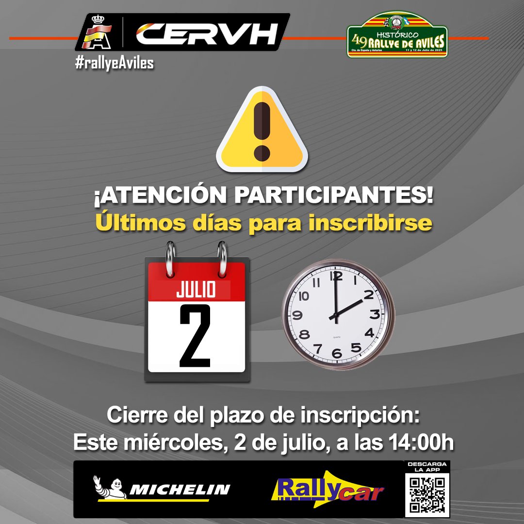 ⚠️Atención
Este miércoles, día 2 de julio, se cierra a las 14:00h el plazo de inscripción del #rallyeaviles, cuarta prueba del #CERVH 2025.
Información y enlace para inscribirse en su página web 👉 rallyeaviles.es