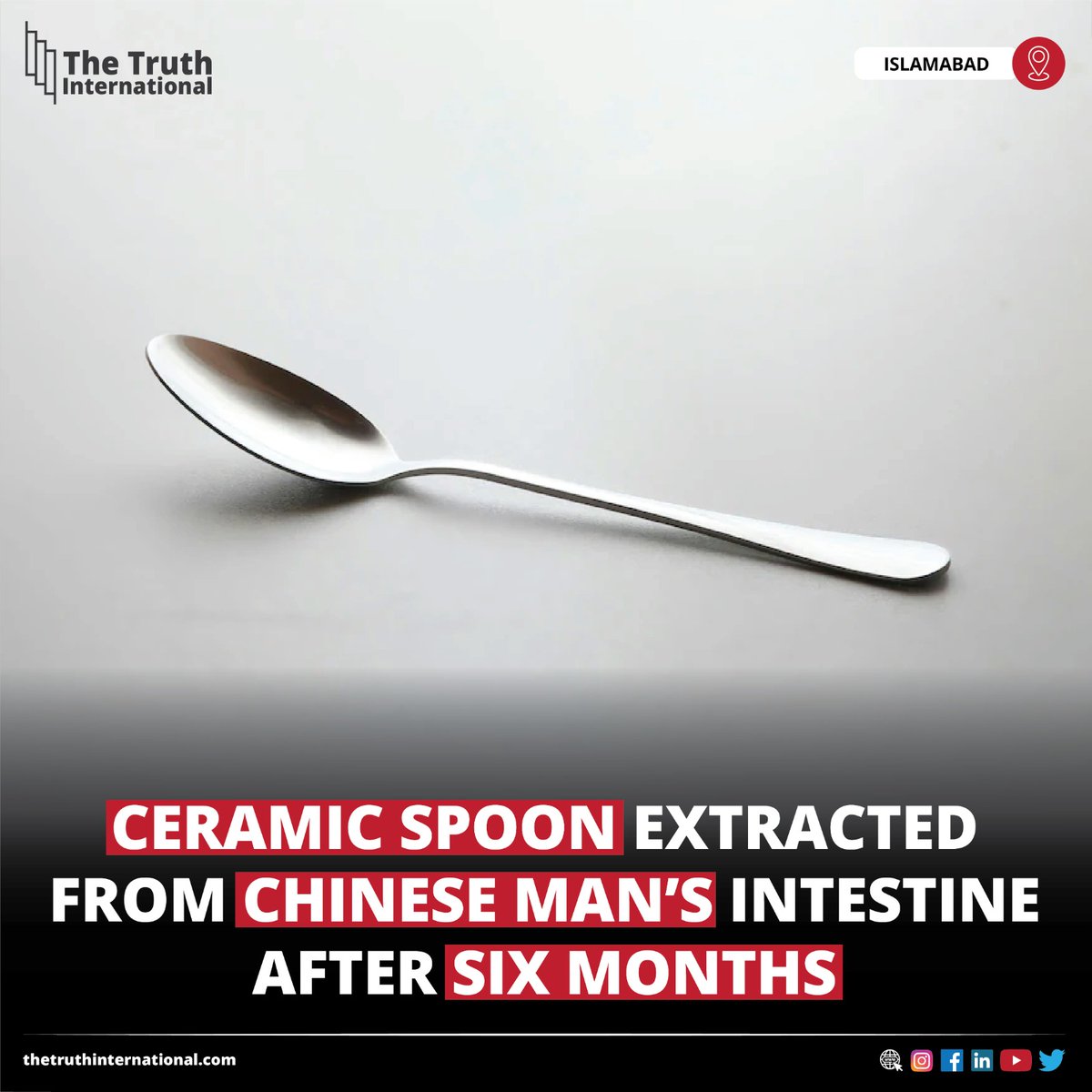 ttimagazine's tweet image. Ceramic spoon extracted from Chinese man’s intestine after six months

For Detail
thetruthinternational.com/international/…

#ceramic #spoon #extracted #chinese #man #intenstine #month #tti