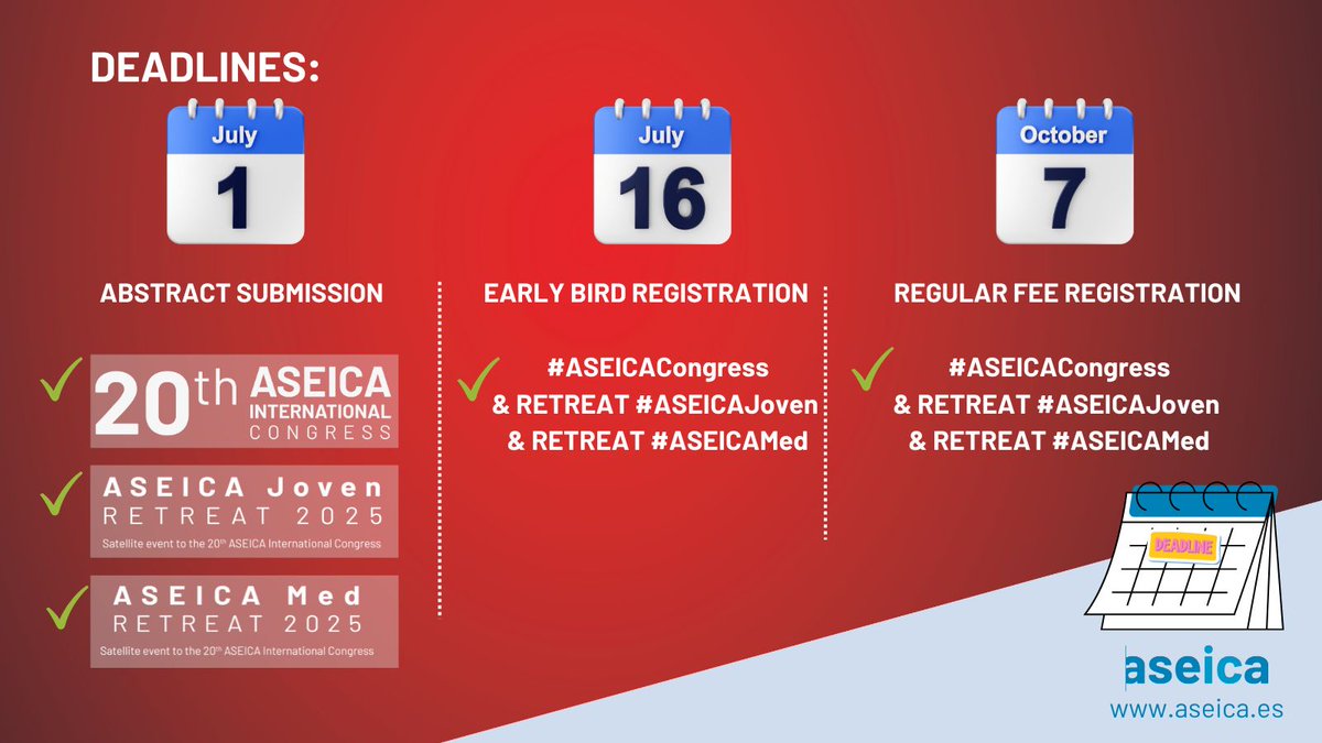 📢LAST CALL‼️

TOMORROW‼️

Scientific Abstracts session
20th #ASEICACongress
📅8-10 October (Bilbao)

📍Mark these key dates in your🗓️
✅1 July: Abstract submission deadline
✅16 July: Early Bird Registration

aseica.es/20th-aseica-in…