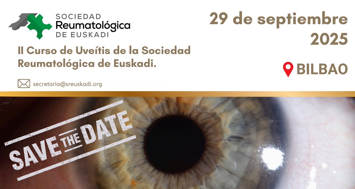 EuskErreumaElk's tweet photo. 📅 Save the date
🧬 II Curso de Uveítis de la Sociedad Reumatológica de Euskadi
📍 Bilbao
🗓️ 29 de septiembre de 2025

🔗 Más info próximamente en: https://t.co/Z6jEPALIGB
📩 secretaria@sreuskadi.org https://t.co/Y6eNvZmWQZ