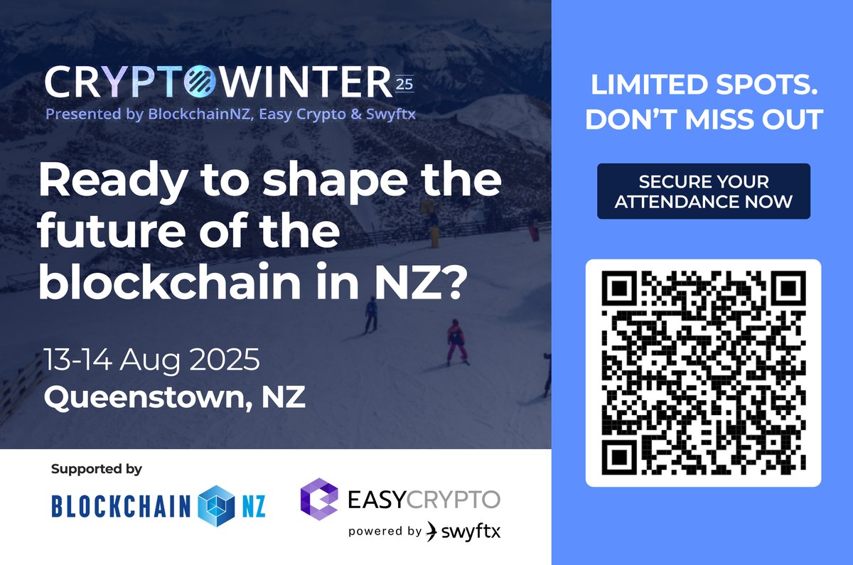 CryptoWinter ‘25 is calling.

150 top minds. 2 days of real talk on stablecoins, policy, blockchain sustainability &amp; more.

Spots are limited, don’t miss out. Secure your attendance now 👉🏻 blockchain.org.nz/cryptowinter-2…