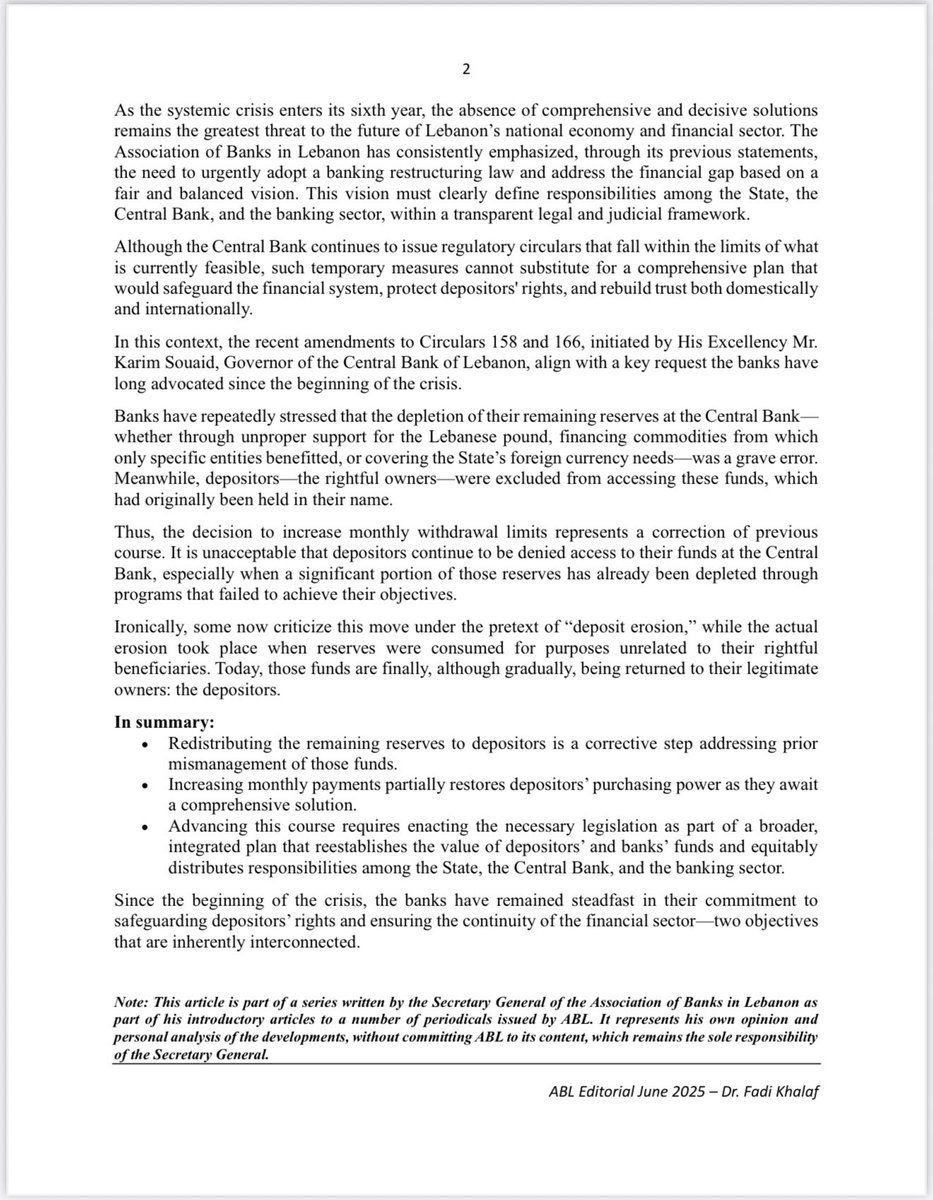 Editorial #Association_of_Banks_in_Lebanon, by Secretary General #Dr_Fadi_Khalaf:
A comprehensive solution has become more urgent than ever
(June 2025)