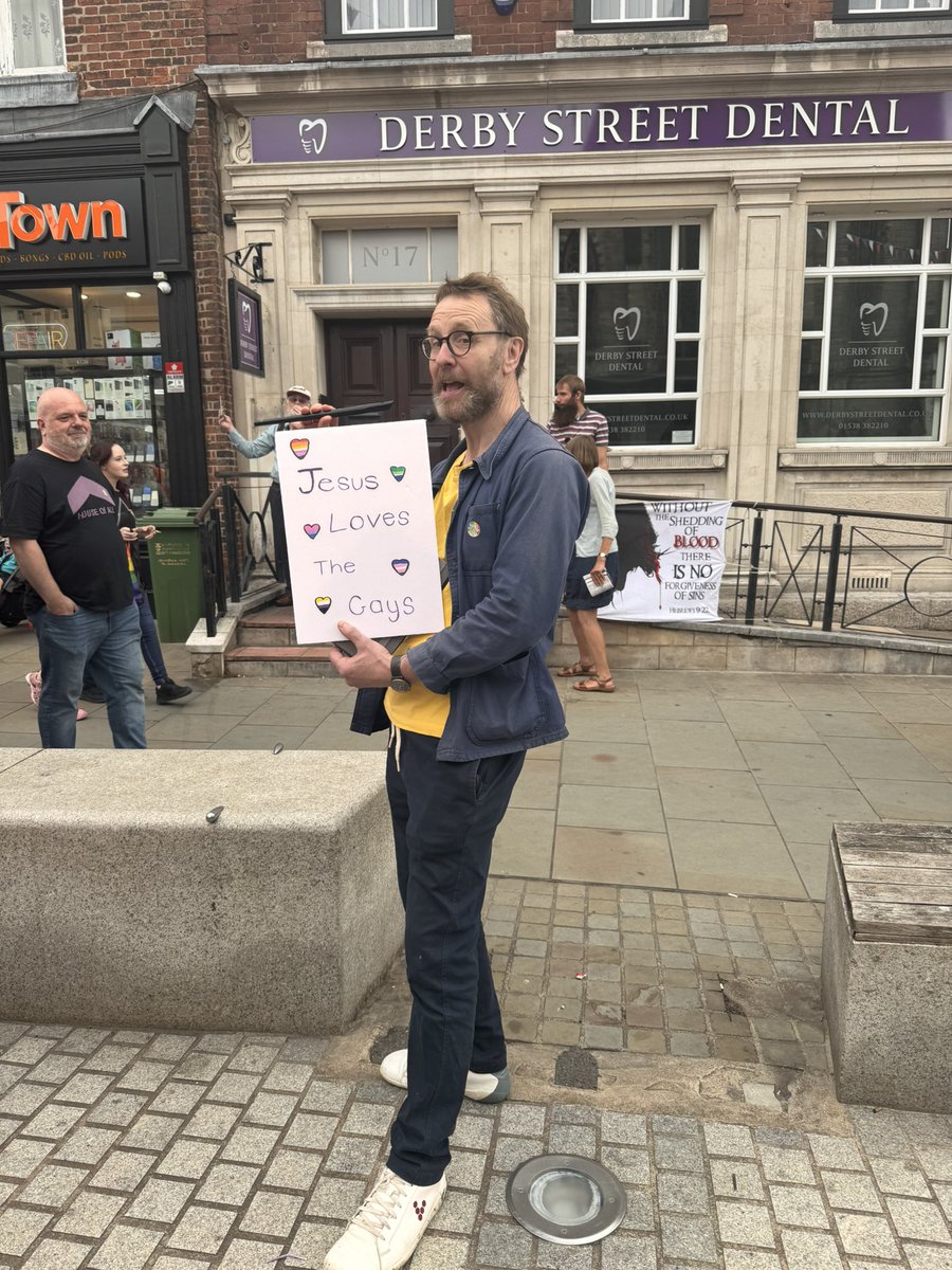 The best protest against the hateful street preachers at our Pride event in Leek yesterday were these ones.. 
a) Everyone ignoring them apart from 
b) a couple of people banging drums near them so they couldn’t be heard and 
c) this man.