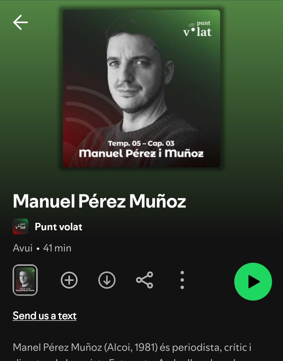 Punt volat (@punt_volat) on Twitter photo Manel Pérez <a href="/ManelPiM/">Manuel Pérez i Muñoz</a> és periodista, crític i director de la revista <a href="/Entreacte_/">Entreacte</a>
Amb ell parlem de teatre, esclar, d'arts escèniques i d'<a href="/artsdecarrer/">Arts de Carrer</a>, però també d' arrels, viatjar, llegir i de com han canviat les coses treballant en cultura.
open.spotify.com/episode/4IBRsf… Manel Pérez <a href="/ManelPiM/">Manuel Pérez i Muñoz</a> és periodista, crític i director de la revista <a href="/Entreacte_/">Entreacte</a>
Amb ell parlem de teatre, esclar, d'arts escèniques i d'<a href="/artsdecarrer/">Arts de Carrer</a>, però també d' arrels, viatjar, llegir i de com han canviat les coses treballant en cultura.
open.spotify.com/episode/4IBRsf…