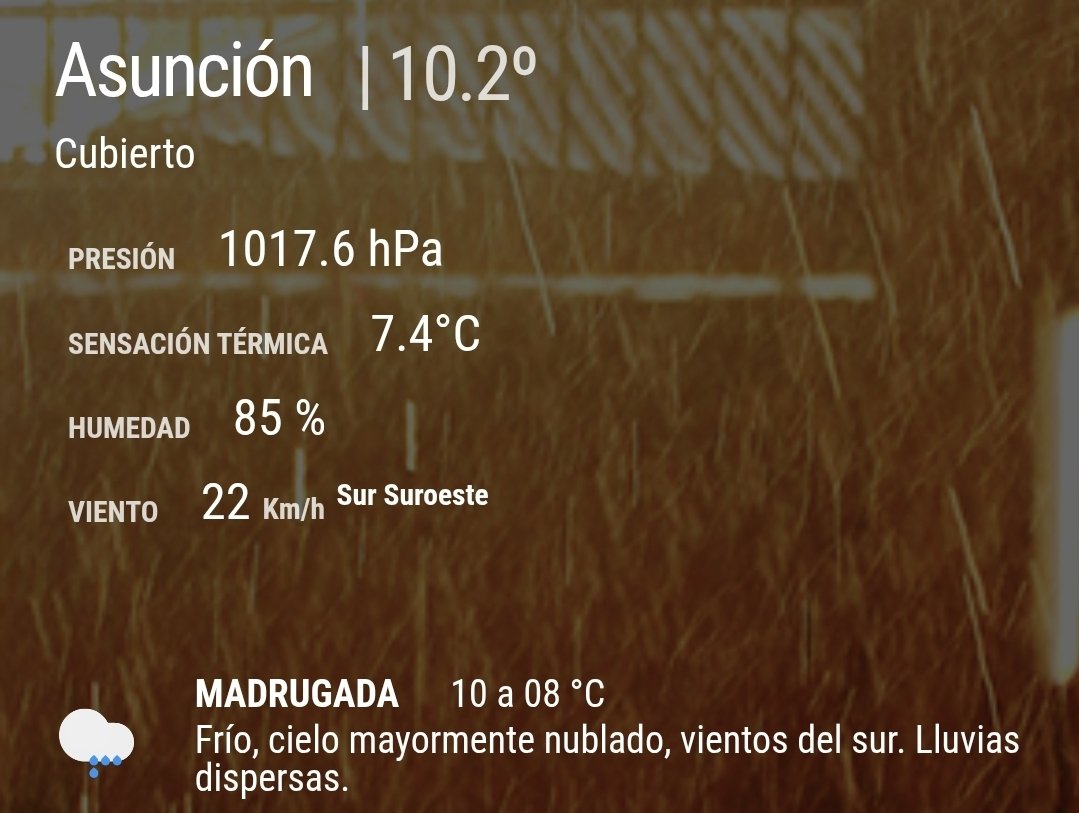 Oscar H. Acosta C. (@oscar_marandu) on Twitter photo ¡Buen día, mba'eichapa!
Será un día de fresco a frío. La máxima en Asunción sólo llegaría a los 13°.
Más info en #DiaADiaPy
<a href="/Telefuturo/">Telefuturo</a> ¡Buen día, mba'eichapa!
Será un día de fresco a frío. La máxima en Asunción sólo llegaría a los 13°.
Más info en #DiaADiaPy
<a href="/Telefuturo/">Telefuturo</a>