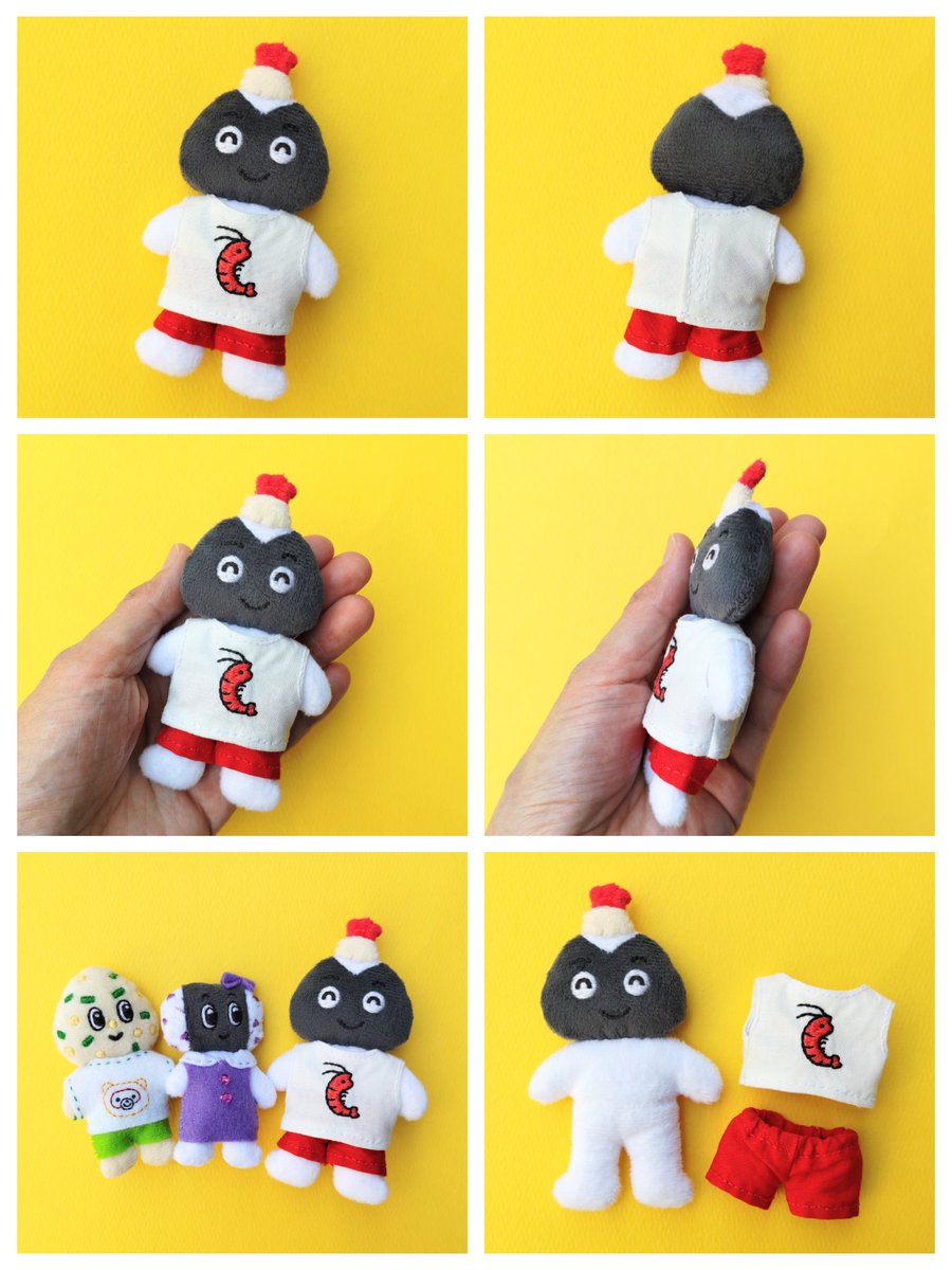 てんむすくんのぬいぐるみを作りました😆🍙🦐🪡✨ぬいぐるみも服もすべて手縫いです❤️サイズはH11cm☓W7cmです🍙かわいいかな？🍤
#刺繍 #ぬいぐるみ #おにぎり #天むす #ハンドメイド好きさんと繋がりたい #ぬいぐるみ好きさんと繋がりたい