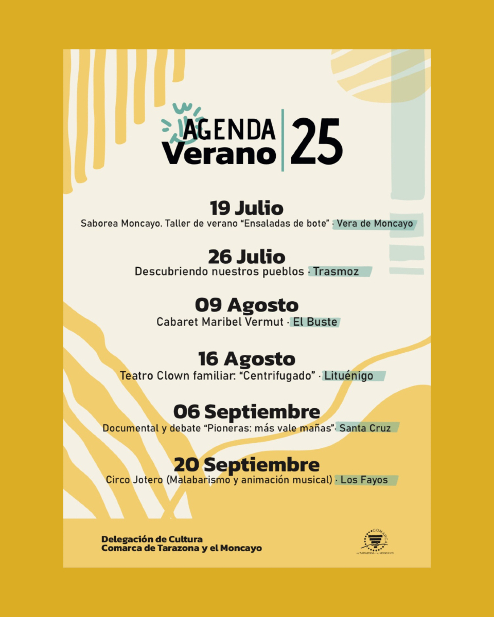 🌞¡Ya está aquí la #AgendaVerano25 de la Comarca de Tarazona y el Moncayo!

🎭Talleres, teatro, circo, debates y mucha cultura en distintos pueblos de la comarca.

🗓️ Del 19 de julio al 20 de septiembre
📍Vera, Trasmoz, El Buste, Lituénigo, Santa Cruz y Los Fayos

#CulturaMoncayo