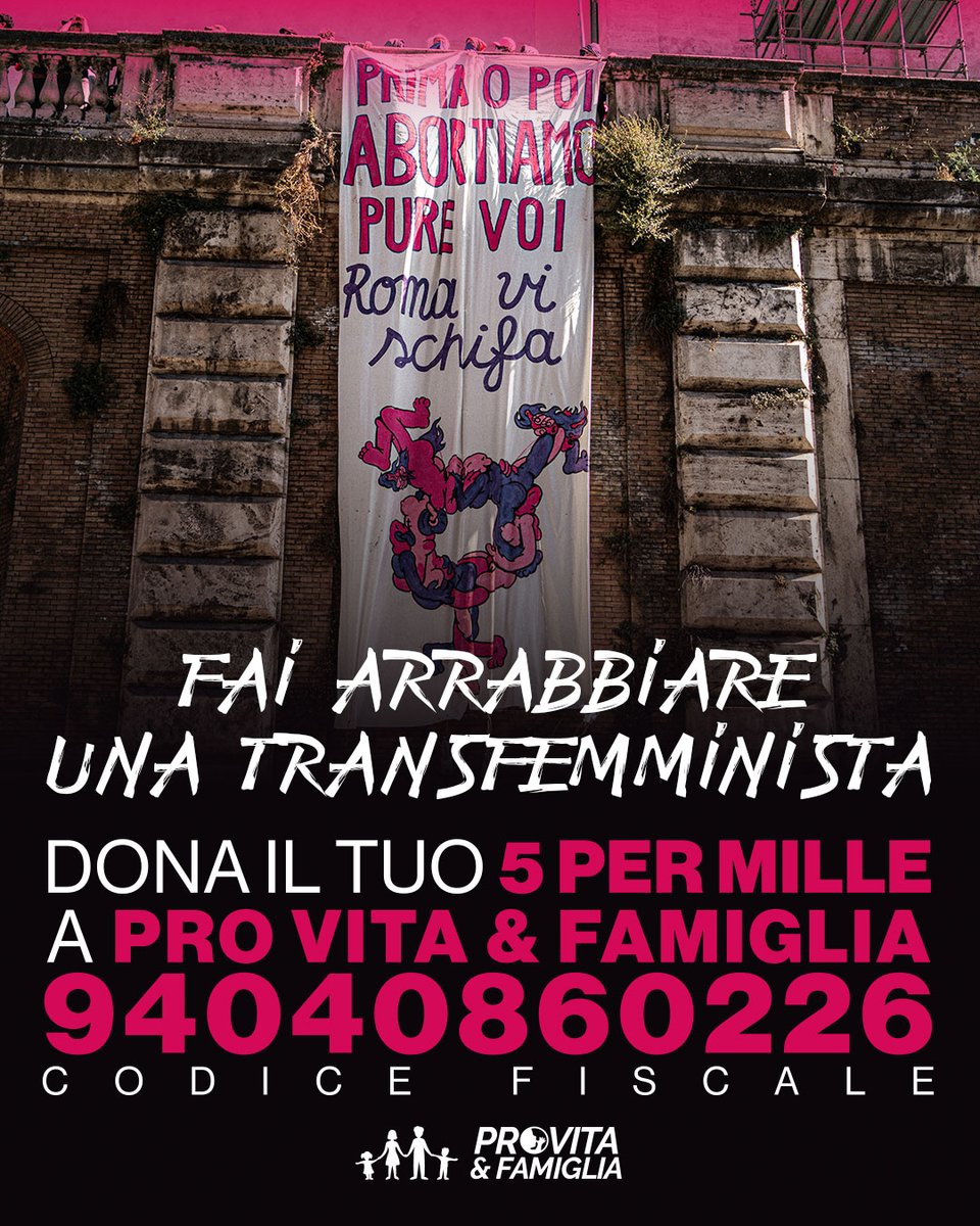 ProVitaFamiglia's tweet image. FAI ARRABBIARE UNA TRANSFEMMINISTA👇
Dona il tuo 5X1OOO a Pro Vita & Famiglia Onlus
Ecco come fare:
▪️Se ti affidi a un commercialista o CAF, fornisci loro il codice fiscale 94040860226
▪️ Se fai la dichiarazione dei redditi da solo:
👉 Trova la sezione “Scelta per la…