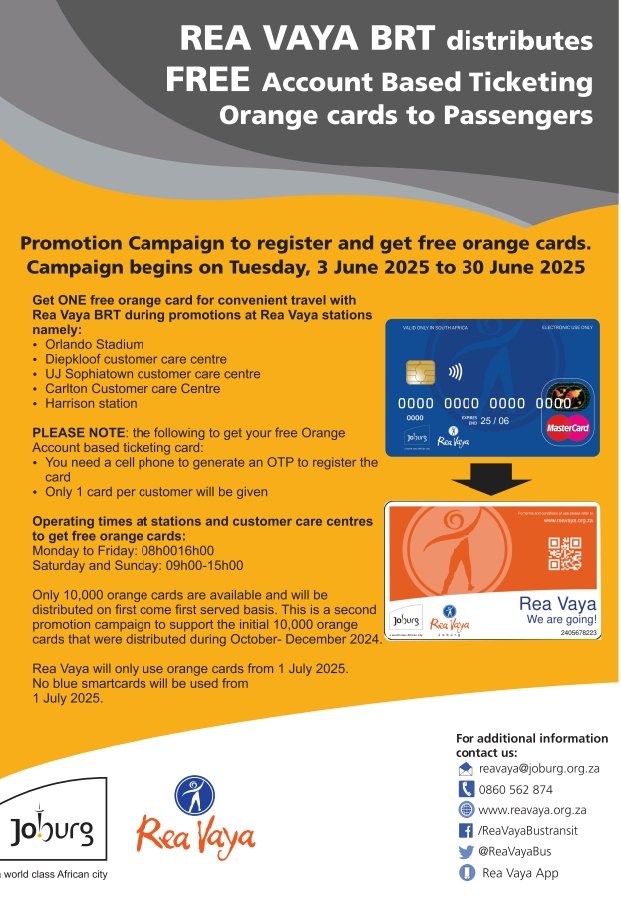 Rea Vaya Bus Transit (@reavayabus) on Twitter photo Avoid the inconvenience, get your new ABT orange card, from tomorrow, 1 July 2025 Rea Vaya will no longer be using the Blue card <a href="/CityofJoburgZA/">City of Joburg</a> <a href="/Takatso_Moloi/">πβπΌ πβπΈβπβπβπ πΎππ - πΏπ¦</a> <a href="/CoJTransport/">City of Joburg Transport</a> <a href="/MMCKennyKunene/">Office of the MMC: Transport</a> .^BM Avoid the inconvenience, get your new ABT orange card, from tomorrow, 1 July 2025 Rea Vaya will no longer be using the Blue card <a href="/CityofJoburgZA/">City of Joburg</a> <a href="/Takatso_Moloi/">πβπΌ πβπΈβπβπβπ πΎππ - πΏπ¦</a> <a href="/CoJTransport/">City of Joburg Transport</a> <a href="/MMCKennyKunene/">Office of the MMC: Transport</a> .^BM