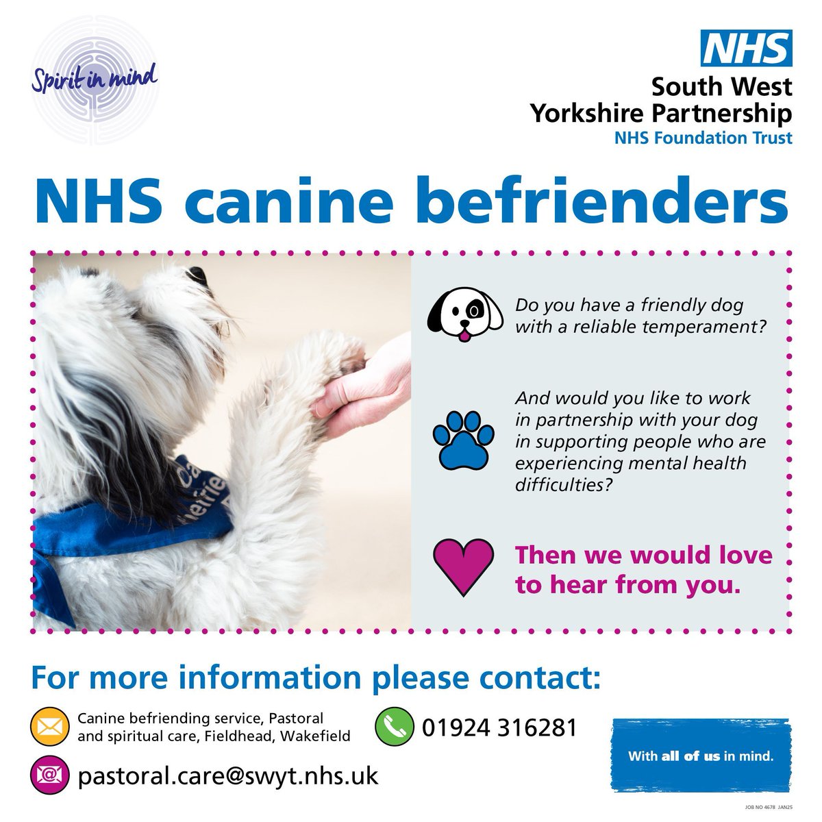 Do you have a paw-some canine companion? 🐾

Would you like to work with your dog to offer furry friendship to people experiencing mental health difficulties? 🐕💗

"Fetch" your dog and bone 📞 and get in touch with our canine befriending service.