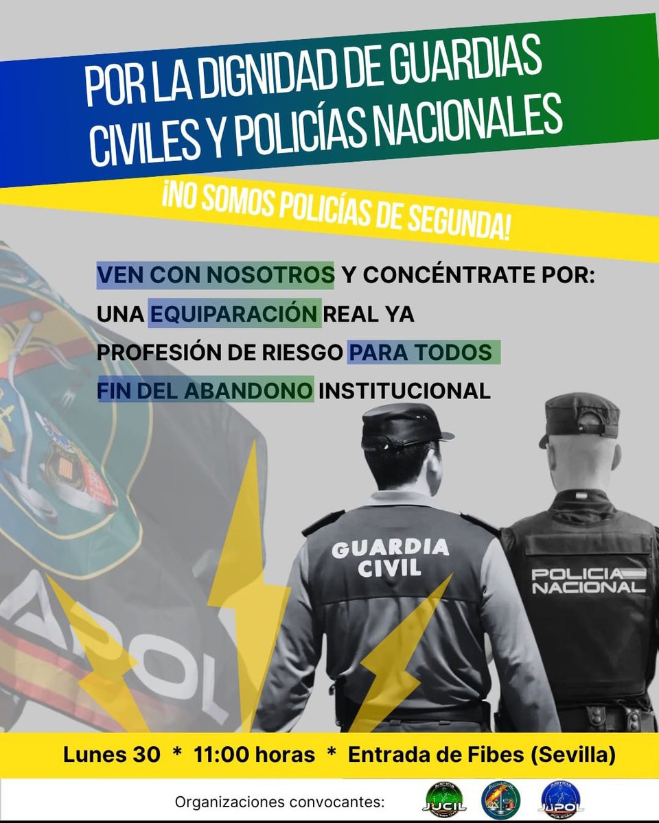 jusapol's tweet image. 🚨🚨 ¡¡𝗡𝗢𝗦 𝗖𝗢𝗡𝗖𝗘𝗡𝗧𝗥𝗔𝗠𝗢𝗦!! por la dignidad de guardias civiles y policías nacionales.

🗓️ HOY ES EL DÍA, nos vemos a las 11:00 H en Entrada de Fibes, #Sevilla.

🫵 Porque NO somos policías de segunda, ¡¡MARLASKA, NOS VAS A ESCUCHAR!!

📢 Por una #EquiparacionYa REAL…