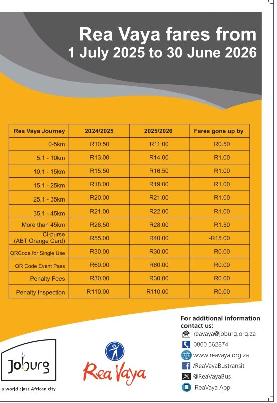 Rea Vaya Bus Transit (@reavayabus) on Twitter photo β οΈNOTICE
Rea Vaya fares increase from tomorrow, 1 July 2025 <a href="/CityofJoburgZA/">City of Joburg</a> <a href="/Takatso_Moloi/">πβπΌ πβπΈβπβπβπ πΎππ - πΏπ¦</a> <a href="/CoJTransport/">City of Joburg Transport</a> <a href="/MMCKennyKunene/">Office of the MMC: Transport</a> .^BM β οΈNOTICE
Rea Vaya fares increase from tomorrow, 1 July 2025 <a href="/CityofJoburgZA/">City of Joburg</a> <a href="/Takatso_Moloi/">πβπΌ πβπΈβπβπβπ πΎππ - πΏπ¦</a> <a href="/CoJTransport/">City of Joburg Transport</a> <a href="/MMCKennyKunene/">Office of the MMC: Transport</a> .^BM