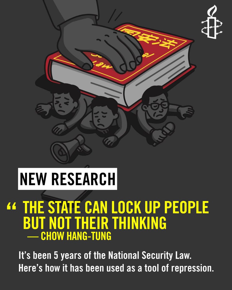Amnesty UK (@amnestyuk) on Twitter photo NEW RESEARCH: National Security Law in Hong Kong EXPOSED
It’s been 5 years since the National Security Law. 
Here’s how it has been used as a tool of repression:
1️⃣ In at least 85% of concluded cases, people have been prosecuted for their peaceful expression -with no evidence NEW RESEARCH: National Security Law in Hong Kong EXPOSED
It’s been 5 years since the National Security Law. 
Here’s how it has been used as a tool of repression:
1️⃣ In at least 85% of concluded cases, people have been prosecuted for their peaceful expression -with no evidence