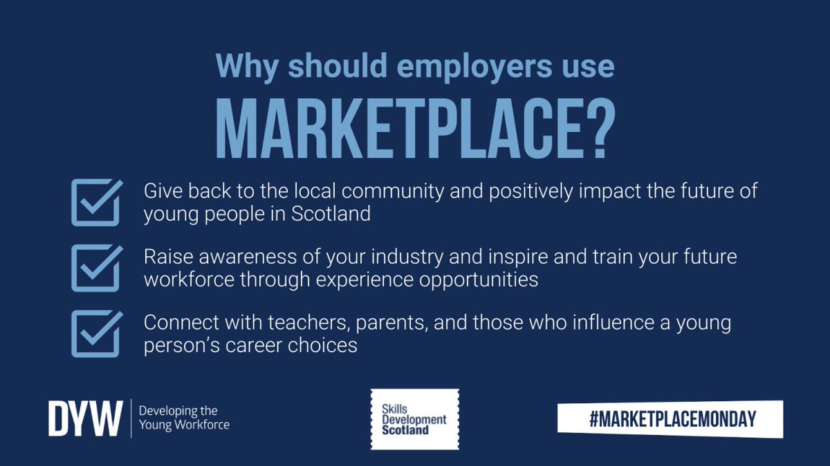 Employers🔊

Inspire and educate your future workforce by offering opportunities on Marketplace, the platform which connects employers with educators across Scotland. 

Visit: ow.ly/8qi350QVsGU

#MarketplaceMonday