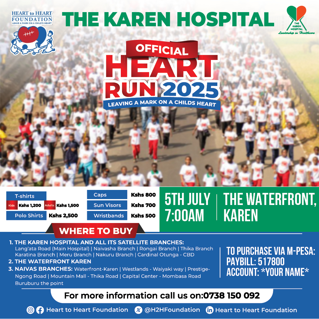 ntvkenya's tweet photo. SP: Show your support in style! The official Karen Heart Run T-shirt is more than just gear — it’s a symbol of hope for children in need of life-saving heart surgery.
#HeartToHeartRun #Heartrun2025 #RunForAHeart #EveryBeatMatters #BuyForACause https://t.co/5Ehs6H96pD