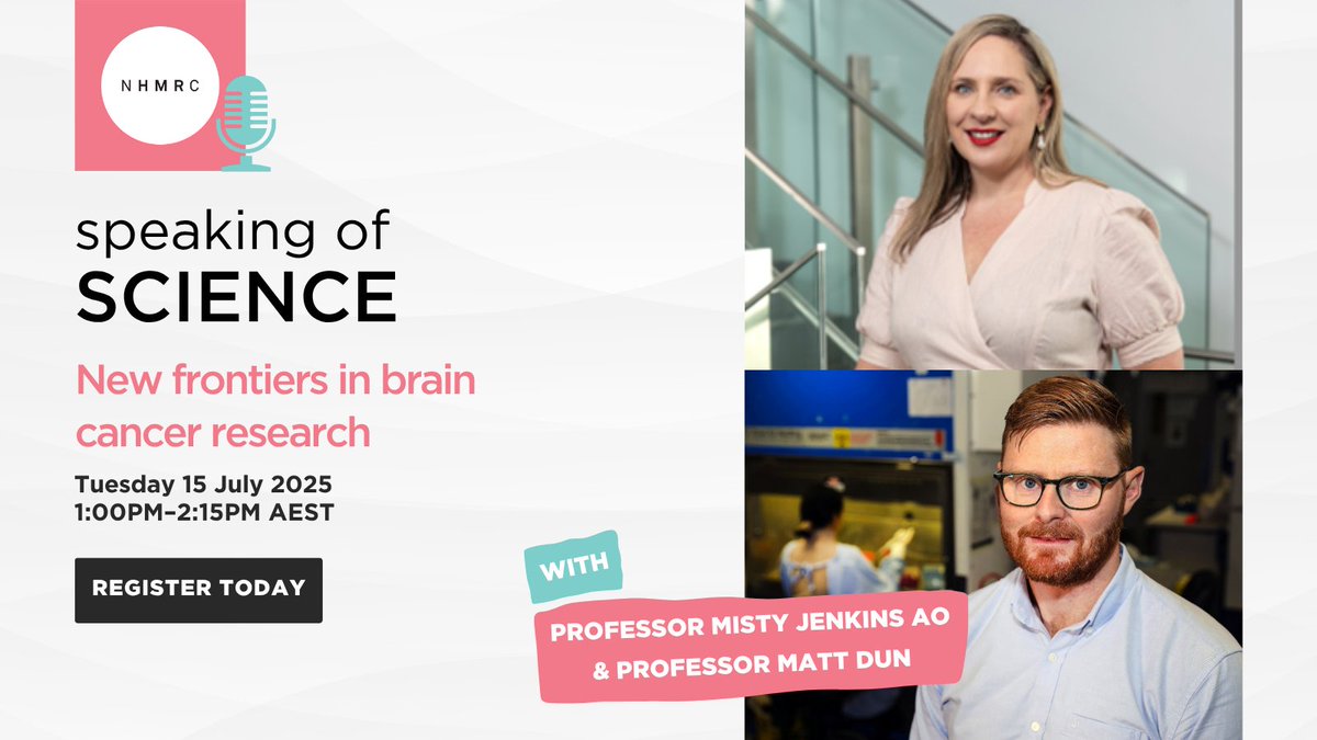 NHMRC (@nhmrc) on Twitter photo Tune in for our upcoming Speaking of Science webinar with Professor Misty Jenkins AO (<a href="/BrainCancerCtr/">BrainCancerCentre</a> & <a href="/WEHI_research/">WEHI (Walter and Eliza Hall Institute)</a>) and Professor Matt Dun (@uni_newcastle & <a href="/MarkHughesFdn/">MarkHughesFoundation</a>) as they discuss new frontiers in the fight against brain cancer. Registration: ow.ly/4MQT50WfQ5y Tune in for our upcoming Speaking of Science webinar with Professor Misty Jenkins AO (<a href="/BrainCancerCtr/">BrainCancerCentre</a> & <a href="/WEHI_research/">WEHI (Walter and Eliza Hall Institute)</a>) and Professor Matt Dun (@uni_newcastle & <a href="/MarkHughesFdn/">MarkHughesFoundation</a>) as they discuss new frontiers in the fight against brain cancer. Registration: ow.ly/4MQT50WfQ5y