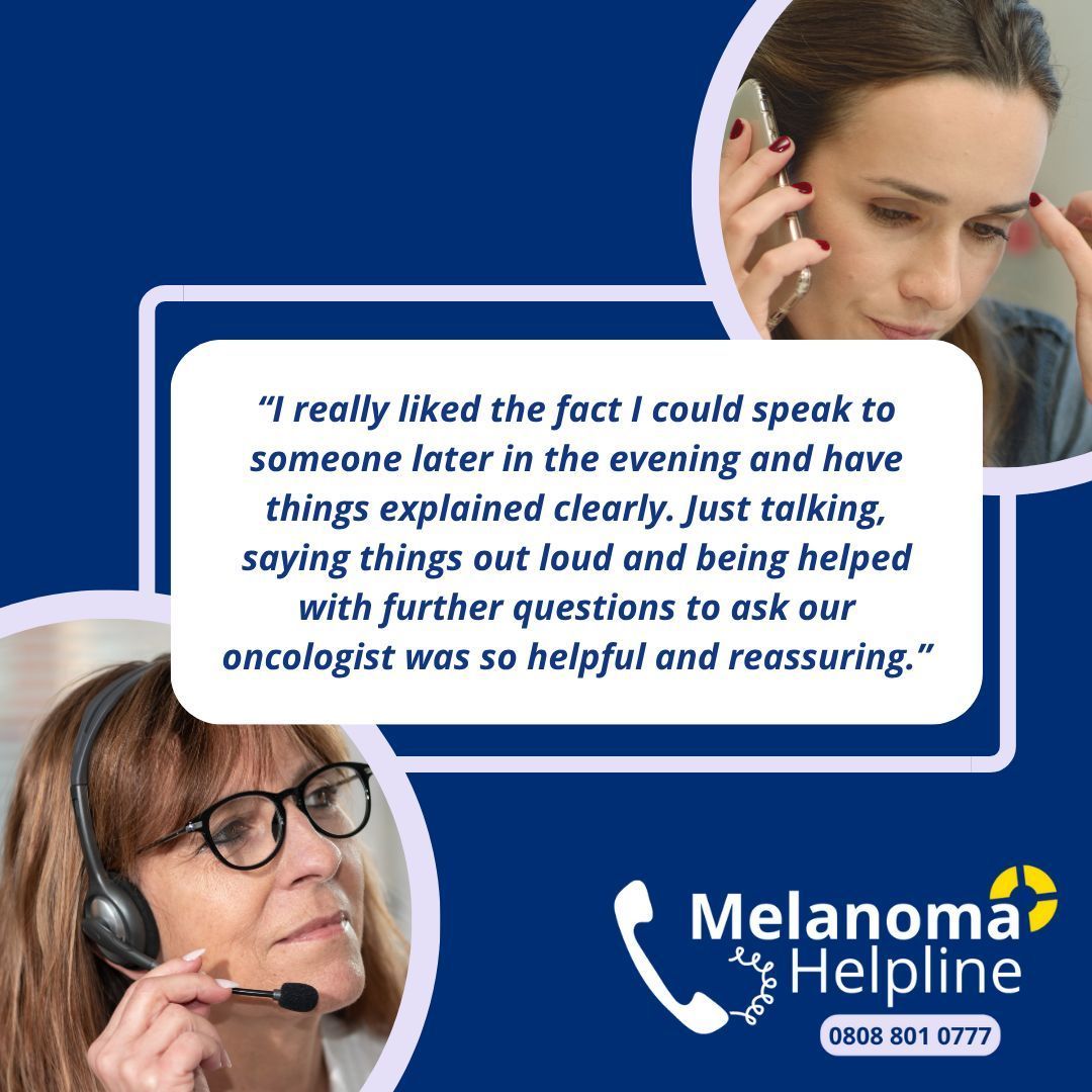 You are not alone. 

Receiving a melanoma diagnosis can be overwhelming. Our helpline nurses are here for you and your loved ones. 💙 

🤳 0808 801 0777
🕐 Mon- Fri: 1pm-2pm &amp; 7pm-9pm
      Sun: 7pm-9pm

#melanoma #melanomaskincancer #melanomahelpline #patientsupport
