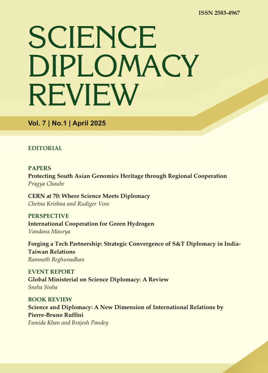 FISD - Forum for Indian Science Diplomacy (@fisd19) on Twitter photo The latest Issue of Science Diplomacy Review is online!
Issue focuses on #GenomicHeritage, #CERN@70, #GreenHydrogen, #IndiaTaiwan Tech Partnership & Global Ministerial Dialogue on #ScienceDiplomacy.
Red now: ris.org.in/sites/default/…
<a href="/Sachin_Chat/">Sachin Chaturvedi</a> <a href="/CERN/">CERN</a> <a href="/insa_academy/">Indian National Science Academy (INSA)</a> <a href="/UNESCO/">UNESCO 🏛️ #Education #Sciences #Culture 🇺🇳</a> The latest Issue of Science Diplomacy Review is online!
Issue focuses on #GenomicHeritage, #CERN@70, #GreenHydrogen, #IndiaTaiwan Tech Partnership & Global Ministerial Dialogue on #ScienceDiplomacy.
Red now: ris.org.in/sites/default/…
<a href="/Sachin_Chat/">Sachin Chaturvedi</a> <a href="/CERN/">CERN</a> <a href="/insa_academy/">Indian National Science Academy (INSA)</a> <a href="/UNESCO/">UNESCO 🏛️ #Education #Sciences #Culture 🇺🇳</a>