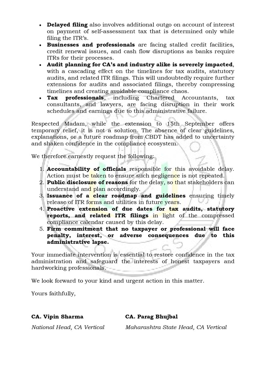 All India Professionals' Congress (AIPC) (@profcong) on Twitter photo #AIPC CA Vertical Head @CaVipinKSharma writes to FM <a href="/nsitharaman/">Nirmala Sitharaman</a> regarding the inordinate delay by the CBDT in issuing Income Tax Return (ITR) forms and utilities for the Assessment Year 2025-26, urging immediate intervention. #AIPC CA Vertical Head @CaVipinKSharma writes to FM <a href="/nsitharaman/">Nirmala Sitharaman</a> regarding the inordinate delay by the CBDT in issuing Income Tax Return (ITR) forms and utilities for the Assessment Year 2025-26, urging immediate intervention.
