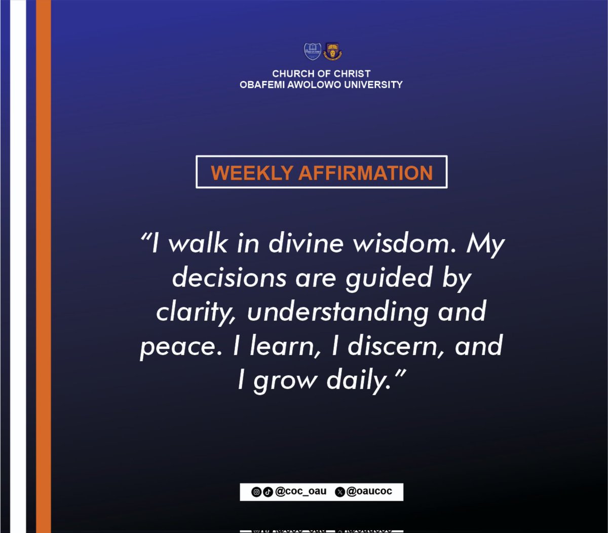 oaucoc's tweet photo. I , (your name), walk in divine wisdom. My decisions are guided by clarity, understanding, and peace. I learn, I discern, and I grow daily.
#Affirmation #cocoau https://t.co/QAKOdukDbB