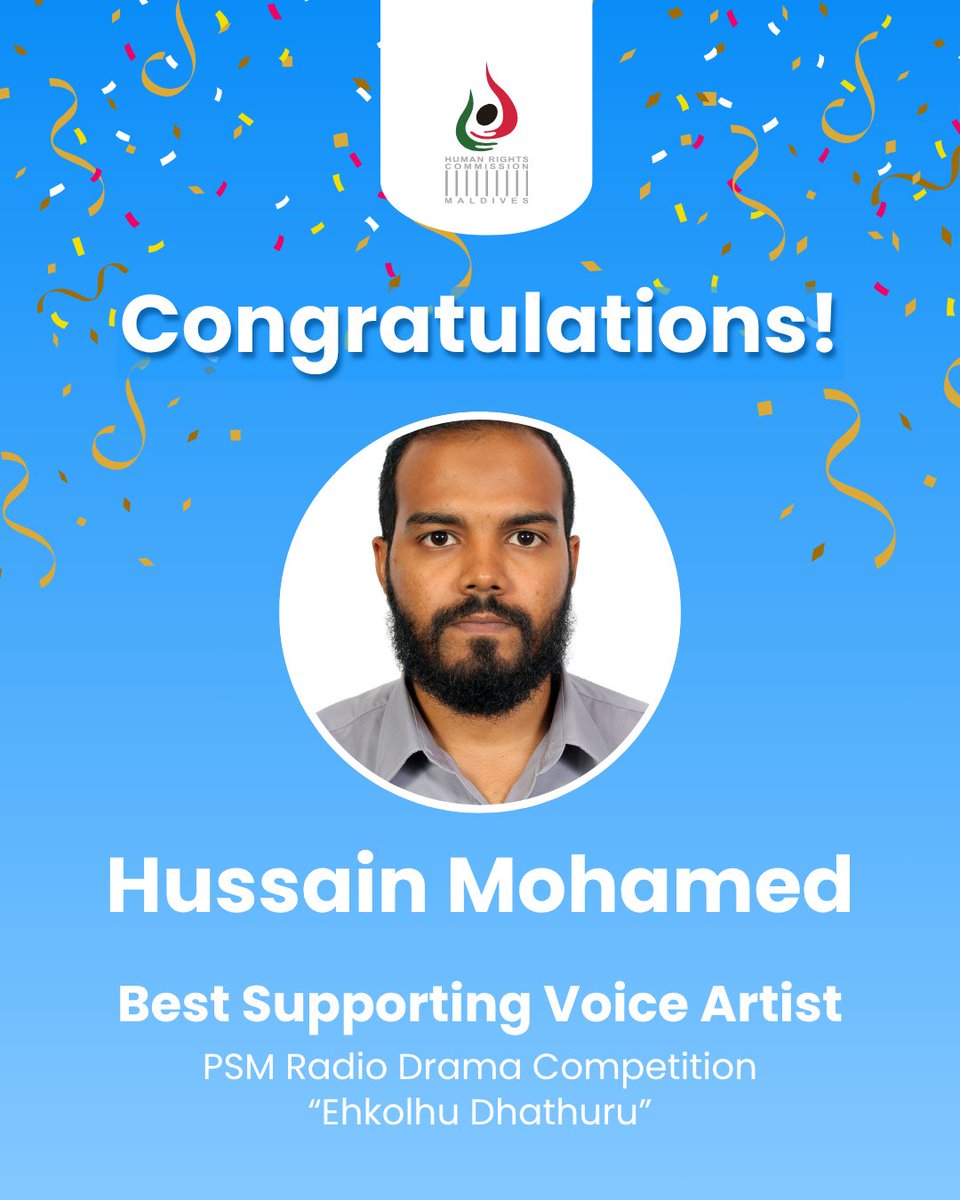 hrcmv's tweet image. Congratulations to Hussain Mohamed, Inspection Officer at NPM, on winning Best Supporting Voice Artist at the PSM Radio Drama Competition for his performance in the drama Ehkolhu Dhathuru.
#HRCM #PSMRADIODRAMA